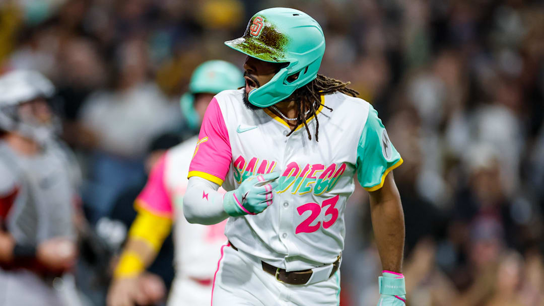 Fernando Tatis Jr. (23) celebrates after hitting a grand slam home run during the fourth inning at Petco Park. Fernando Tatis Jr. (23) celebrates after hitting a grand slam home run during the fourth inning at Petco Park.