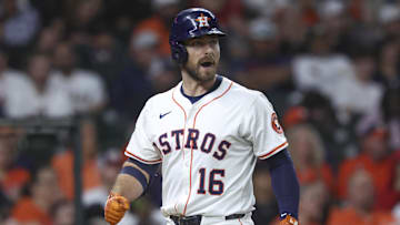 Jul 8, 2025; Houston, Texas, USA; Houston Astros left fielder Cooper Hummel (16) reacts after striking out during the seventh inning against the Cleveland Guardians at Daikin Park. Mandatory Credit: Troy Taormina-Imagn Images