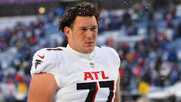 Jan 2, 2022; Orchard Park, New York, USA; Atlanta Falcons guard Jalen Mayfield (77) following the