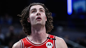 Mar 2, 2025; Indianapolis, Indiana, USA; Chicago Bulls guard Josh Giddey (3)  in the second half against the Indiana Pacers at Gainbridge Fieldhouse. Mandatory Credit: Trevor Ruszkowski-Imagn Images
