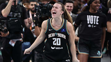 Oct 20, 2024; Brooklyn, New York, USA; New York Liberty guard Sabrina Ionescu (20) celebrates after defeating the Minnesota Lynx in game five of the 2024 WNBA Finals at Barclays Center. Mandatory Credit: Wendell Cruz-Imagn Images