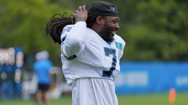 Jul 30, 2024; Charlotte, NC, USA; Carolina Panthers linebacker Jadeveon Clowney (7) at Carolina Panthers Practice Fields.