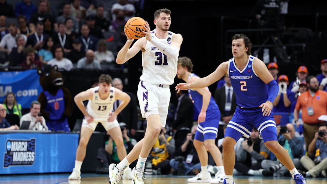 Mar 16, 2023; Sacramento, CA, USA; Northwestern Wildcats forward Robbie Beran (31) controls the ball against Boise State Broncos forward Tyson Degenhart (2) in the first half at Golden 1 Center. Mandatory Credit: Kelley L Cox-Imagn Images Mar 16, 2023; Sacramento, CA, USA; Northwestern Wildcats forward Robbie Beran (31) controls the ball against Boise State Broncos forward Tyson Degenhart (2) in the first half at Golden 1 Center. Mandatory Credit: Kelley L Cox-Imagn Images