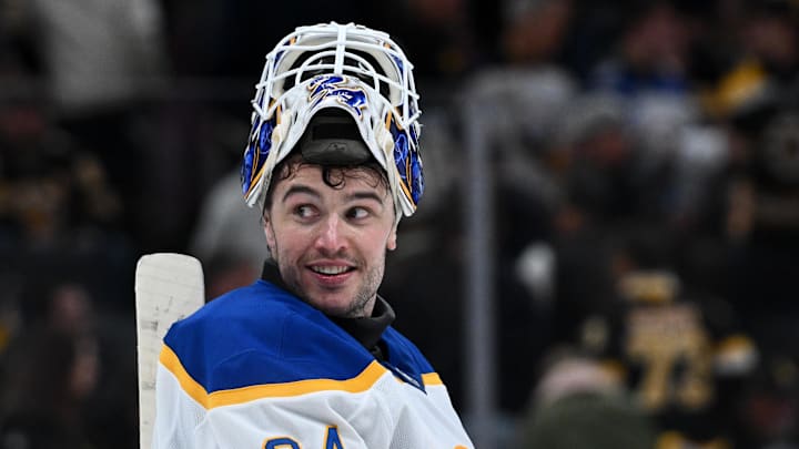 Apr 23, 2026; Boston, Massachusetts, USA; Buffalo Sabres goaltender Alex Lyon (34) shouts at the crowd during the third period against the Boston Bruins of game three of the first round of the 2026 Stanley Cup Playoffs at the TD Garden. Mandatory Credit: Brian Fluharty-Imagn Images