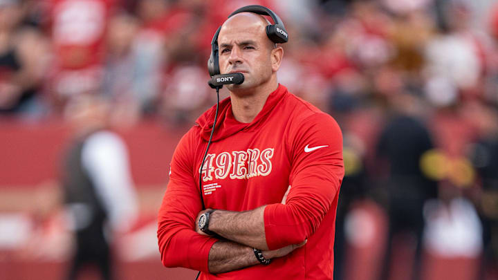 August 23, 2025; Santa Clara, California, USA; San Francisco 49ers defensive coordinator Robert Saleh before the game against the Los Angeles Chargers at Levi's Stadium. Mandatory Credit: Kyle Terada-Imagn Images