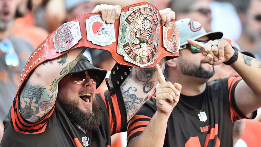 Sep 19, 2021; Cleveland, Ohio, USA; Cleveland Browns fans cheer during the second half against the Houston Texans at FirstEnergy Stadium. Mandatory Credit: Ken Blaze-Imagn Images