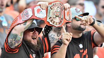 Sep 19, 2021; Cleveland, Ohio, USA; Cleveland Browns fans cheer during the second half against the Houston Texans at FirstEnergy Stadium. Mandatory Credit: Ken Blaze-Imagn Images