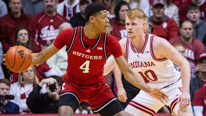 Rutgers' Ace Bailey (4) dribbles the ball while Indiana forward Luke Goode (10) defends in a Jan. 2 game at Assembly Hall. Rutgers' Ace Bailey (4) dribbles the ball while Indiana forward Luke Goode (10) defends in a Jan. 2 game at Assembly Hall.