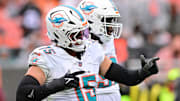 Oct 19, 2025; Cleveland, Ohio, USA; Miami Dolphins linebacker Jaelan Phillips (15) celebrates after a tackle during the first half against the Cleveland Browns at Huntington Bank Field. Mandatory Credit: Ken Blaze-Imagn Images