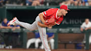 Aug 25, 2025; Arlington, Texas, USA; Los Angeles Angels relief pitcher Reid Detmers (48) delivers a pitch to the Texas Rangers during the seventh inning at Globe Life Field. Mandatory Credit: Jim Cowsert-Imagn Images