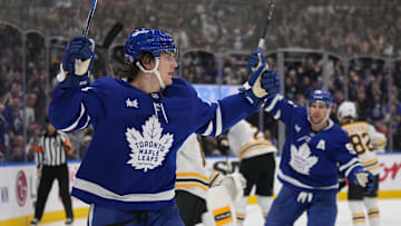 Jan 4, 2025; Toronto, Ontario, CAN; Toronto Maple Leafs forward Matthew Knies (23) reacts after scoring his second goal of the game against the Boston Bruins during the third period at Scotiabank Arena. Mandatory Credit: John E. Sokolowski-Imagn Images