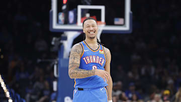 Mar 19, 2025; Oklahoma City, Oklahoma, USA; Oklahoma City Thunder forward Jaylin Williams (6) smiles during a time out against the Philadelphia 76ers during the second half at Paycom Center. Mandatory Credit: Alonzo Adams-Imagn Images
