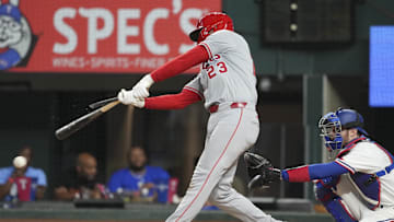 Los Angeles Angels second baseman Brandon Drury (23) grounds out with a broken bat against the Texas Rangers during the ninth inning at Globe Life Field in 2024.