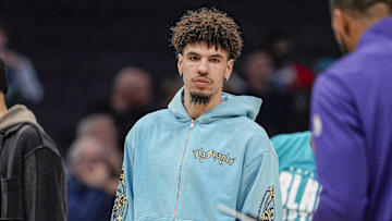 Feb 3, 2025; Charlotte, North Carolina, USA; Charlotte Hornets guard LaMelo Ball (1) during the first half against the Washington Wizards at Spectrum Center. Mandatory Credit: Jim Dedmon-Imagn Images