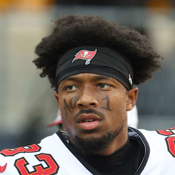 Aug 16, 2025; Pittsburgh, Pennsylvania, USA;  Tampa Bay Buccaneers wide receiver Tez Johnson (83) warms up before the game against the Pittsburgh Steelers at Acrisure Stadium. 