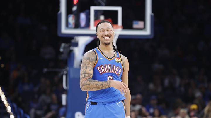 Mar 19, 2025; Oklahoma City, Oklahoma, USA; Oklahoma City Thunder forward Jaylin Williams (6) smiles during a time out against the Philadelphia 76ers during the second half at Paycom Center. Mandatory Credit: Alonzo Adams-Imagn Images