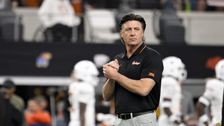 Dec 2, 2023; Arlington, TX, USA;  Oklahoma State Cowboys head coach Mike Gundy before the game between the Texas Longhorns and the Oklahoma State Cowboys at AT&T Stadium. Mandatory Credit: Jerome Miron-USA TODAY Sports