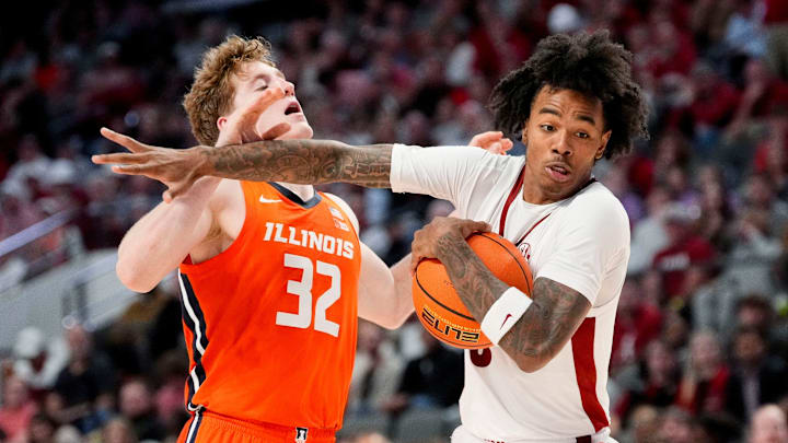 Nov 20, 2024; Birmingham, AL, USA; Alabama guard Labaron Philon (0) forces his way past Illinois guard Kasparas Jakucionis (32) in the CM Newton Classic at Legacy Arena. Alabama defeated Illinois 100-87. Mandatory Credit: Gary Cosby Jr.-Tuscaloosa News Nov 20, 2024; Birmingham, AL, USA; Alabama guard Labaron Philon (0) forces his way past Illinois guard Kasparas Jakucionis (32) in the CM Newton Classic at Legacy Arena. Alabama defeated Illinois 100-87. Mandatory Credit: Gary Cosby Jr.-Tuscaloosa News