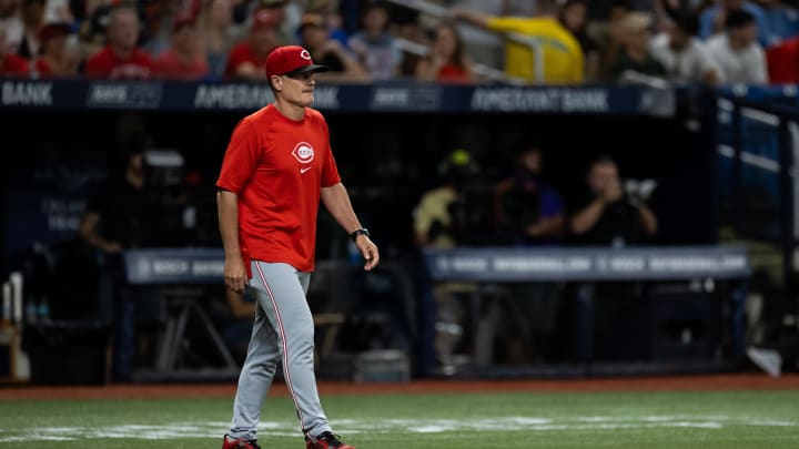 Jul 27, 2024; St. Petersburg, Florida, USA; Cincinnati Reds manager David Bell (25) walks to the mound against the Tampa Bay Rays during the fifth inning at Tropicana Field. Mandatory Credit: Matt Pendleton-USA TODAY Sports