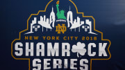 Nov 17, 2018; New York, NY, USA; General view of the 2018 Shamrock Series Logo prior to the game between the Notre Dame Fighting Irish and the Syracuse Orange at Yankee Stadium. 