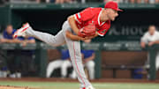 Aug 25, 2025; Arlington, Texas, USA; Los Angeles Angels relief pitcher Reid Detmers (48) delivers a pitch to the Texas Rangers during the seventh inning at Globe Life Field. Mandatory Credit: Jim Cowsert-Imagn Images