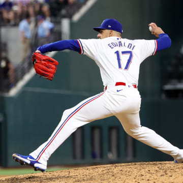 Jul 2, 2024; Arlington, Texas, USA;  Texas Rangers starting pitcher Nathan Eovaldi (17) throws during the seventh inning against the San Diego Padres at Globe Life Field. Mandatory Credit: Kevin Jairaj-USA TODAY Sports