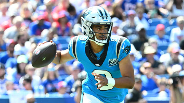 Carolina Panthers quarterback Bryce Young (9) looks to throw a pass. Credit: Mark Konezny-USA TODAY Sports