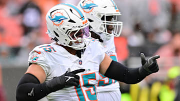 Oct 19, 2025; Cleveland, Ohio, USA; Miami Dolphins linebacker Jaelan Phillips (15) celebrates after a tackle during the first half against the Cleveland Browns at Huntington Bank Field. Mandatory Credit: Ken Blaze-Imagn Images