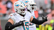 Oct. 19, 2025; Cleveland, Ohio, USA; Miami Dolphins linebacker Jaelan Phillips (15) celebrates after a tackle during the first half against the Cleveland Browns at Huntington Bank Field.