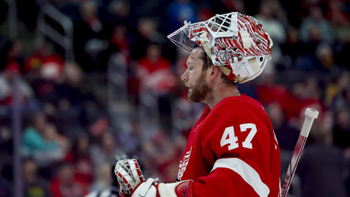 Mar 16, 2024; Detroit, Michigan, USA;  Detroit Red Wings goaltender James Reimer (47) looks on during a time out in the third period against the Buffalo Sabres at Little Caesars Arena. Mandatory Credit: Rick Osentoski-Imagn Images