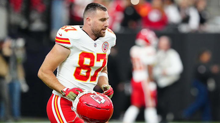 Jan 4, 2026; Paradise, Nevada, USA; Kansas City Chiefs tight end Travis Kelce (87) warms up before a game against the Las Vegas Raiders at Allegiant Stadium. Mandatory Credit: Stephen R. Sylvanie-Imagn Images