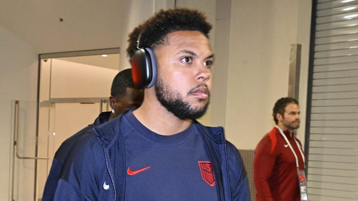 Mar 20, 2025; Inglewood, California, USA; United States of America midfielder Weston McKennie (8) arrives before a Concacaf Nations League semifinal match at SoFi Stadium.