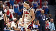 Mar 1, 2025; Oxford, Mississippi, USA; Mississippi Rebels guard Sean Pedulla (3) reacts during the second half against the Oklahoma Sooners at The Sandy and John Black Pavilion at Ole Miss. Mandatory Credit: Petre Thomas-Imagn Images
