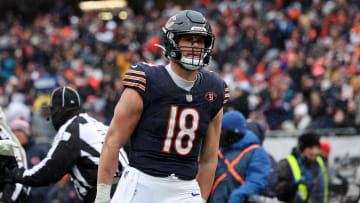 Dec 31, 2023; Chicago, Illinois, USA; Chicago Bears tight end Robert Tonyan (18) reacts after a catch against the Atlanta Falcons during the first half at Soldier Field. Mandatory Credit: Mike Dinovo-USA TODAY Sports