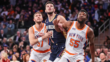 Dec 1, 2024; New York, New York, USA;  New York Knicks forward Matt Ryan (37), New Orleans Pelicans center Karlo Matkovic (17), and New York Knicks center Ariel Hukporti (55) at Madison Square Garden. Mandatory Credit: Wendell Cruz-Imagn Images