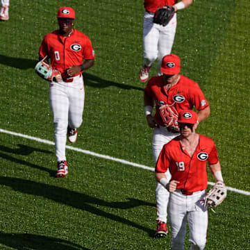 Georgia warms up before the start of a NCAA baseball game against Kentucky on March 14, 2025.