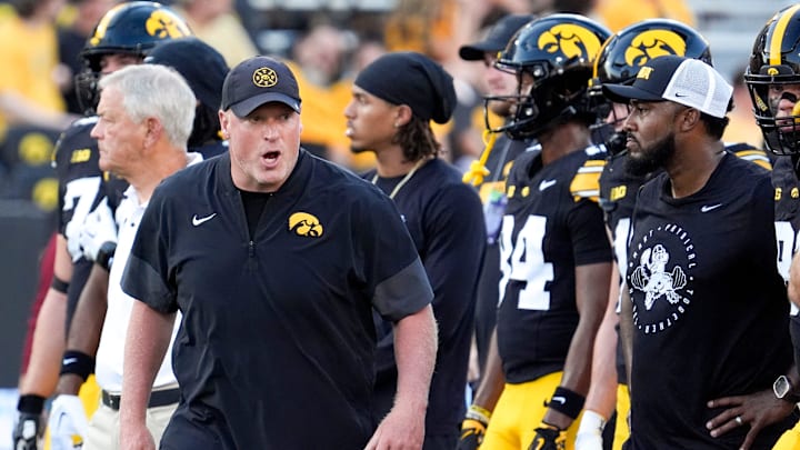 Iowa Offensive Line Coach George Barnett watches warmups before the Hawkeyes’ football game against the Massachusetts Minutemen Sept. 13, 2025 at Kinnick Stadium in Iowa City, Iowa.