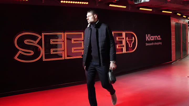 Chicago Bulls center Nikola Vucevic (9) enters the building before the game against the Milwaukee Bucks at United Center. 