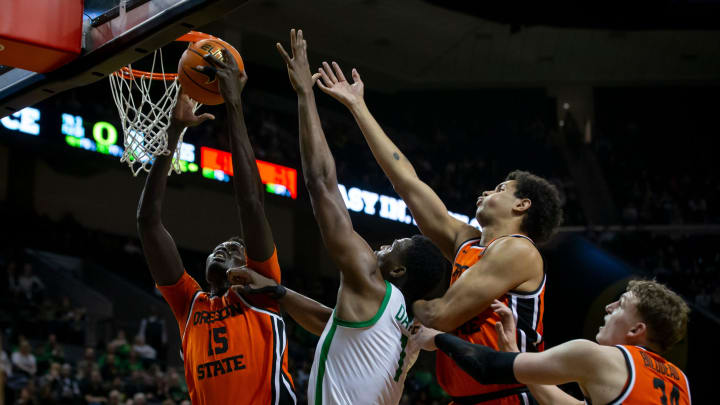 Oregon State center Chol Marial hauls in a rebound as the Oregon Ducks host the Oregon State Beavers Wednesday, Feb. 28, 2024 at Matthew Knight Arena in Eugene, Ore.