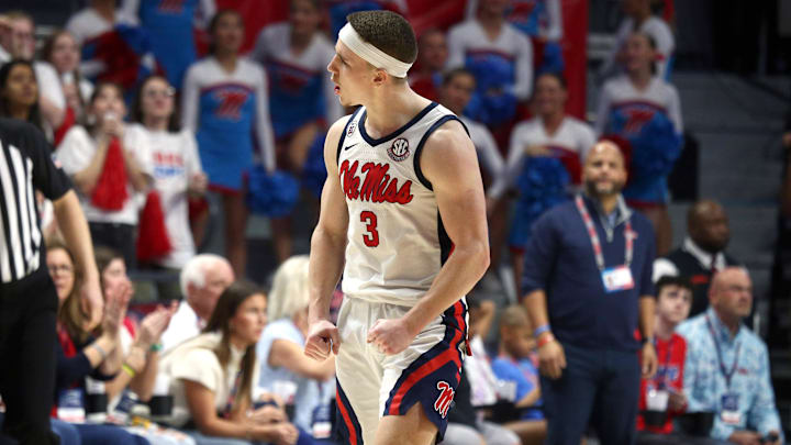 Mar 1, 2025; Oxford, Mississippi, USA; Mississippi Rebels guard Sean Pedulla (3) reacts during the second half against the Oklahoma Sooners at The Sandy and John Black Pavilion at Ole Miss. Mandatory Credit: Petre Thomas-Imagn Images Mar 1, 2025; Oxford, Mississippi, USA; Mississippi Rebels guard Sean Pedulla (3) reacts during the second half against the Oklahoma Sooners at The Sandy and John Black Pavilion at Ole Miss. Mandatory Credit: Petre Thomas-Imagn Images