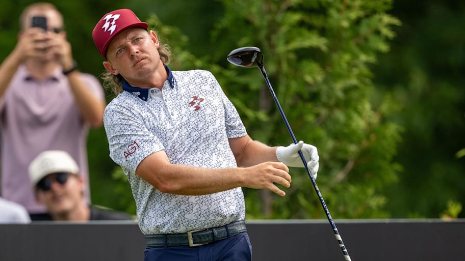 Cameron Smith of Ripper GC reacts to his tee shot on the 4th hole during the second round of 2025 LIV Golf Indianapolis. 