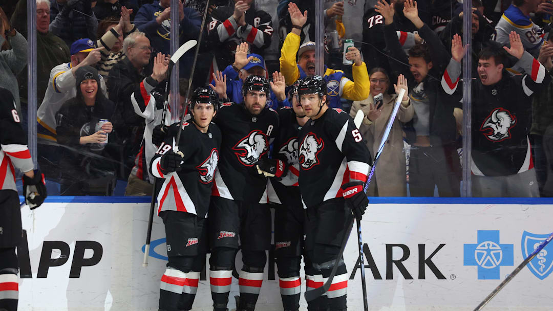 Apr 6, 2026; Buffalo, New York, USA;  Buffalo Sabres right wing Alex Tuch (89) celebrates his goal with teammates during the first period against the Tampa Bay Lightning at KeyBank Center. Mandatory Credit: Timothy T. Ludwig-Imagn Images