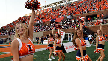 Oct 12, 2024; Champaign, Illinois, USA;  The Illinois Fighting Illini dance team performs in the second half against the Purdue Boilermakers at Memorial Stadium. Mandatory Credit: Ron Johnson-Imagn Images