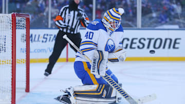Jan 1, 2018; Queens, NY, USA; Buffalo Sabres goaltender Robin Lehner (40) makes a save against the New York Rangers during the second period in the 2018 Winter Classic hockey game at Citi Field. Mandatory Credit: Brad Penner-Imagn Images