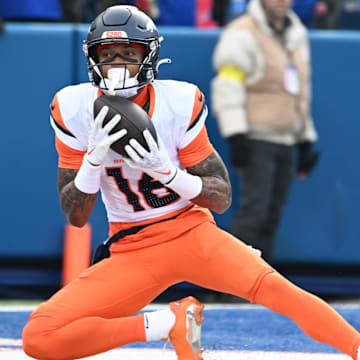 Jan 12, 2025; Orchard Park, New York, USA; Denver Broncos wide receiver Troy Franklin (16) catches a touchdown pass against the Buffalo Bills during the first quarter in an AFC wild card game at Highmark Stadium. 