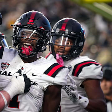 Ball State defensive back Kiael Kelly (1) celebrates his touchdown against Vanderbilt during the first quarter at FirstBank Stadium in Nashville, Tenn., Saturday, Oct. 19, 2024.
