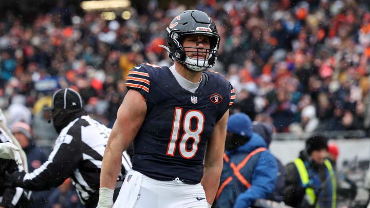 Dec 31, 2023; Chicago, Illinois, USA; Chicago Bears tight end Robert Tonyan (18) reacts after a catch against the Atlanta Falcons during the first half at Soldier Field.