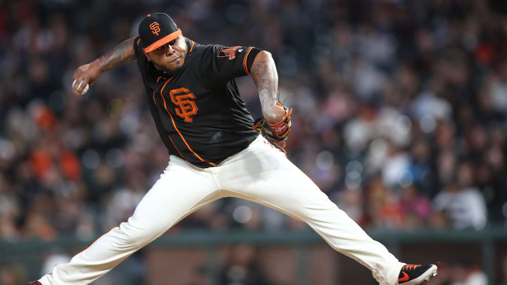 Jun 29, 2019; San Francisco, CA, USA; San Francisco Giants relief pitcher Reyes Moronta (54) throws a pitch during the sixth inning against the Arizona Diamondbacks at Oracle Park. 