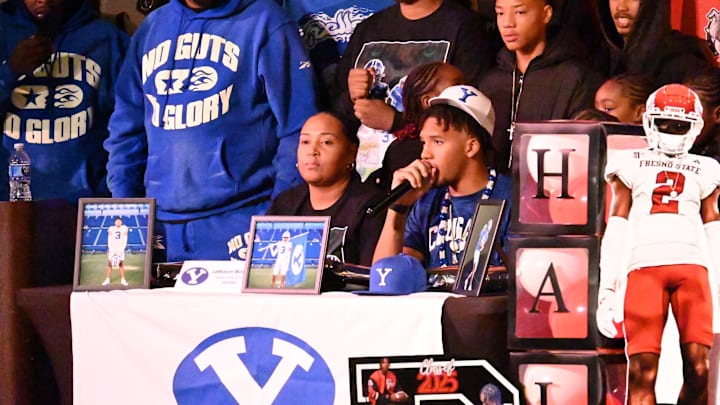 Oak Hills wide receiver LaMason Waller III, who is heading to BYU, gives a shares a few words on Tuesday, Dec. 3, 2024. Oak Hills hosted a signing event for five players that will be signing a National Letter of Intent during the three-day Early Signing Period.