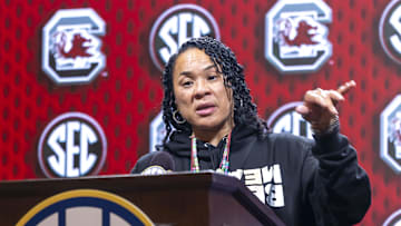 Oct 14, 2025; Birmingham, AL, USA; South Carolina Gamecocks head coach Dawn Staley talks with the media during SEC Media Days at Grand Bohemian Hotel. Mandatory Credit: Vasha Hunt-Imagn Images